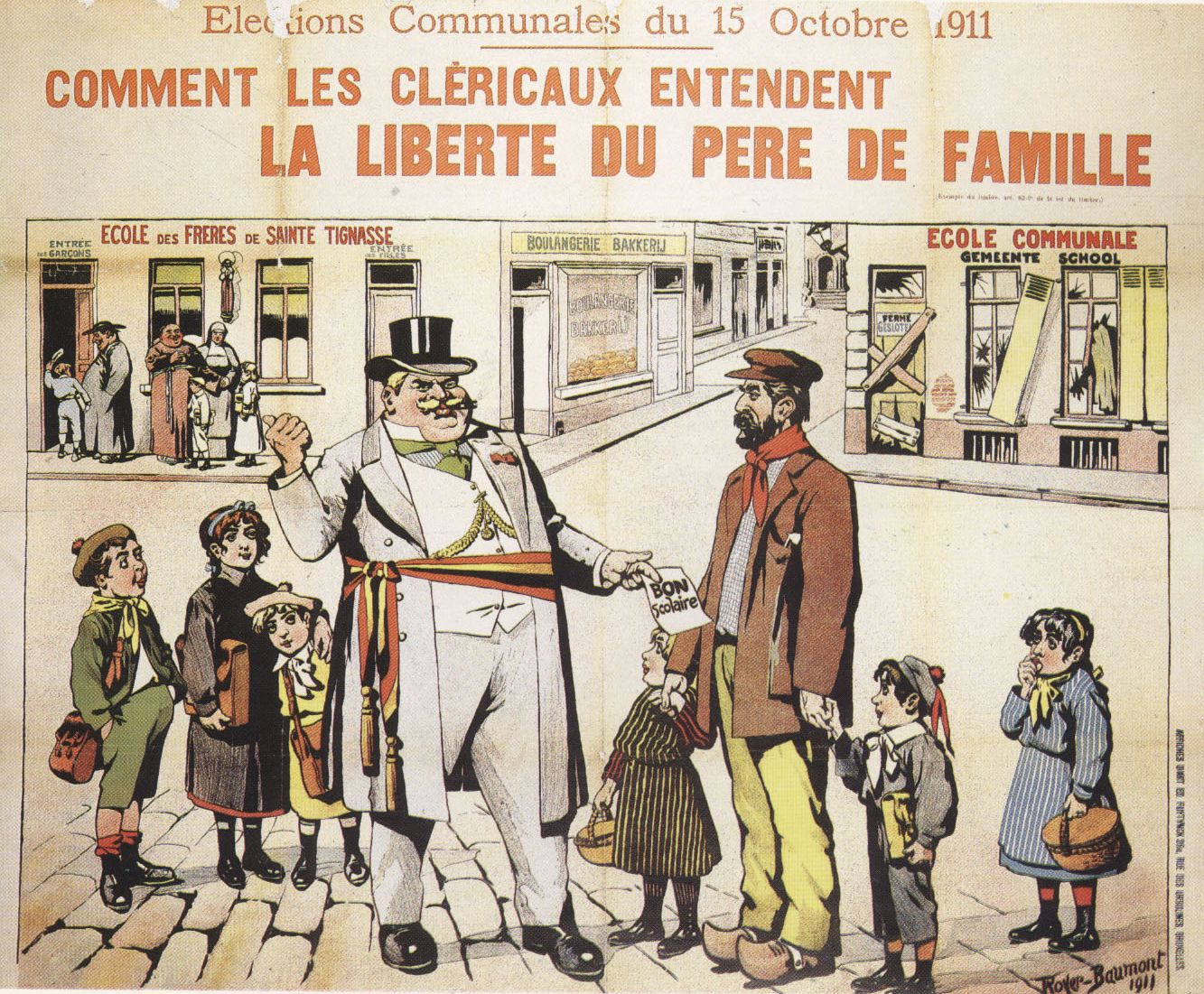 La liberté du choix du père de famille dans l'enseignement, en Belgique en 1911 vu par le dessinateur de presse Royer Baumont.